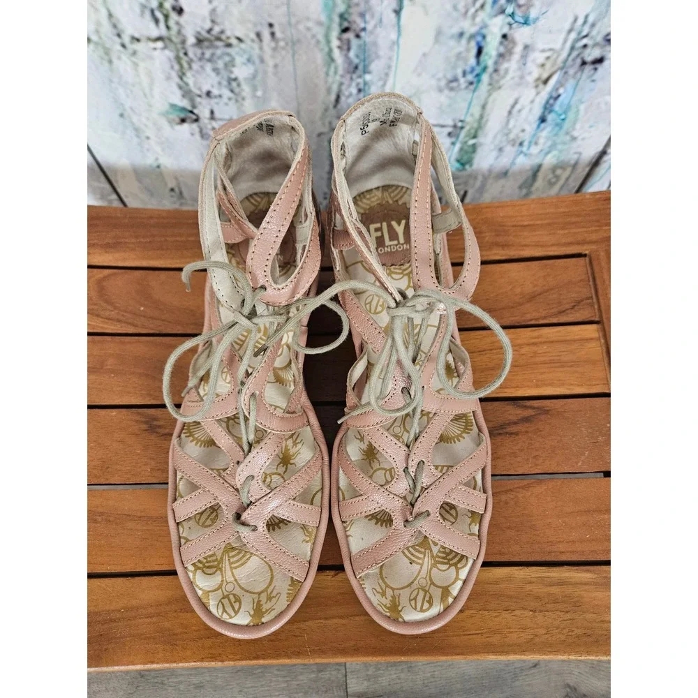 Fly London Wedge Sandals 39 Pink Leather Strappy Lace Up Gladiator Platform